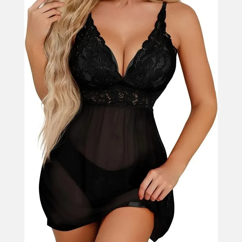 Sexy Lingerie for Women Flower Lace Badydoll Sleepwear Teddy V Neck Pajamas Gift